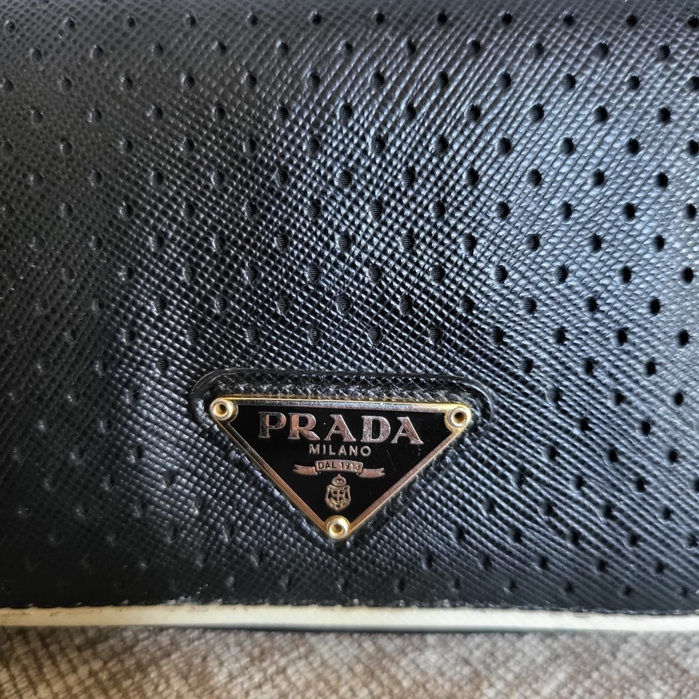 Prada Black/White Perforated Saffiano Leather Flap Continental Wallet - Picture 6 of 12